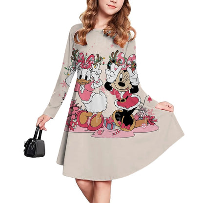 Casual Christmas Kids Clothes Autumn Fashion Disney Mickey Mouse Cartoon Printed Dress Girls Long Sleeve Pleated Skirt