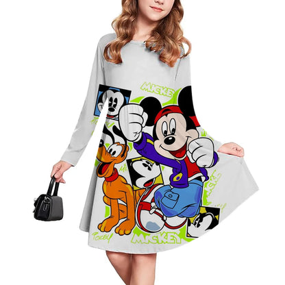 New Spring and Autumn Children's Clothing, Disney Mickey Mouse 3D Print Short Sleeve Romantic Dress for Girls 3-14 Years Old