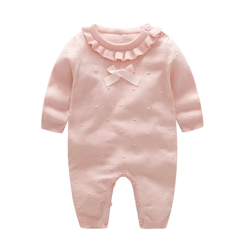 New Baby Girls Knit Romper with Hat Floral Embroidery Long Sleeve Autumn Baby Girls Knit Jumpsuit