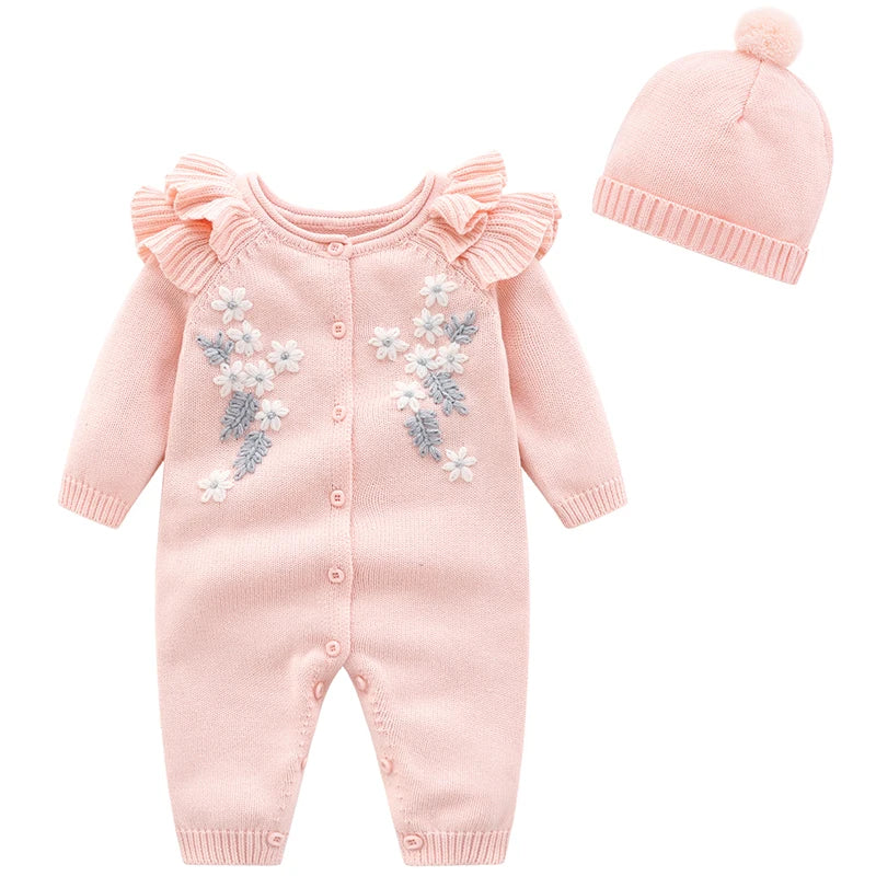 New Baby Girls Knit Romper with Hat Floral Embroidery Long Sleeve Autumn Baby Girls Knit Jumpsuit