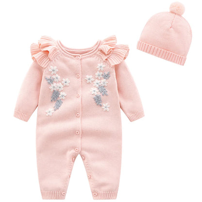New Baby Girls Knit Romper with Hat Floral Embroidery Long Sleeve Autumn Baby Girls Knit Jumpsuit