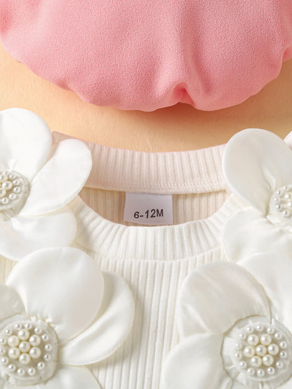 Baby Girls Autumn Long Sleeve 3D Floral Decor Skirt and Beret Set, 6 Months to 4 Years