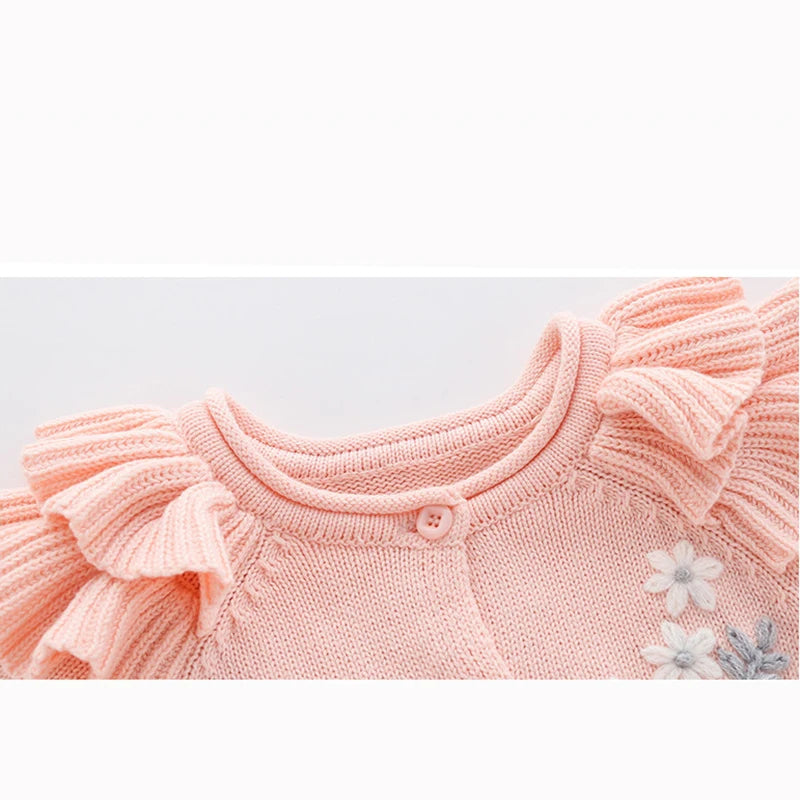 New Baby Girls Knit Romper with Hat Floral Embroidery Long Sleeve Autumn Baby Girls Knit Jumpsuit