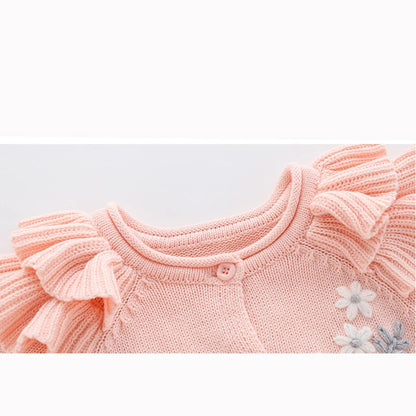 New Baby Girls Knit Romper with Hat Floral Embroidery Long Sleeve Autumn Baby Girls Knit Jumpsuit