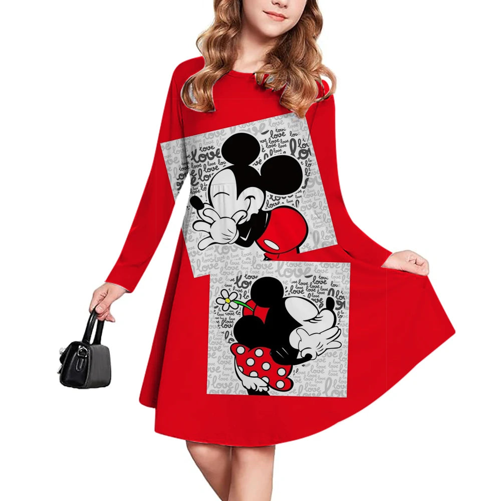 New Spring and Autumn Children's Clothing, Disney Mickey Mouse 3D Print Short Sleeve Romantic Dress for Girls 3-14 Years Old