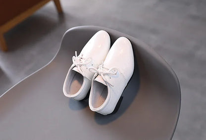 Men's leather shoes, black and white, versatile, children's, for school performance, casual, fashion, lace-up, children's formal shoes