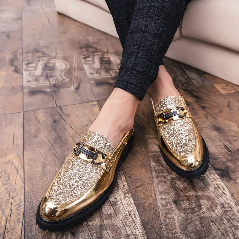 Luxury Golden Bullock Men Shoes, Formal Business Leather Casual Shoes, Italian Wedding Shoes for Banquet