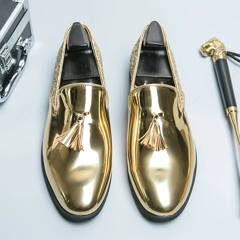 High quality luxury gold men's loafers thick sole fashion leather nightclub shoes formal business shoes plus size