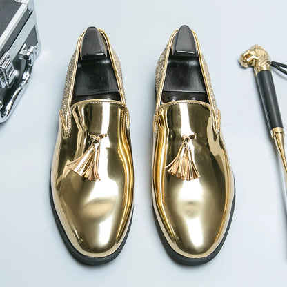 High quality luxury gold men's loafers thick sole fashion leather nightclub shoes formal business shoes plus size