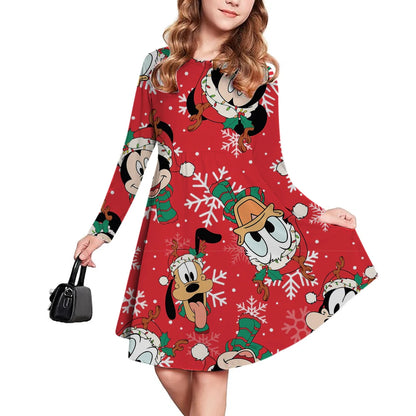 Casual Christmas Kids Clothes Autumn Fashion Disney Mickey Mouse Cartoon Printed Dress Girls Long Sleeve Pleated Skirt