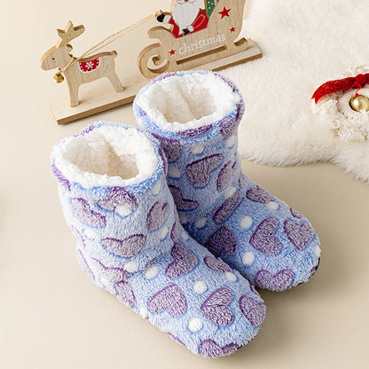 A Pair of Women's Winter Home Slippers, Warm, Padded, Thick, Colorful, Love, Mid-calf, Non-slip, Women's Walking Shoes