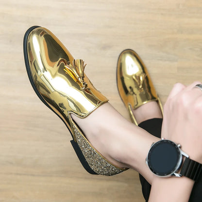 High quality luxury gold men's loafers thick sole fashion leather nightclub shoes formal business shoes plus size