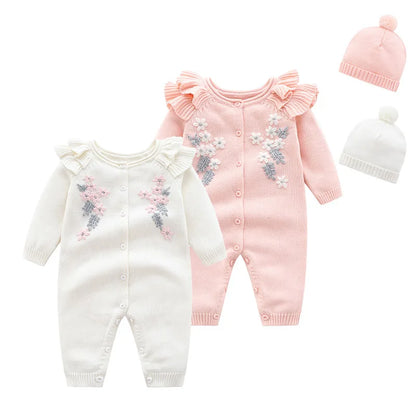 New Baby Girls Knit Romper with Hat Floral Embroidery Long Sleeve Autumn Baby Girls Knit Jumpsuit