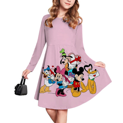 New Spring and Autumn Children's Clothing, Disney Mickey Mouse 3D Print Short Sleeve Romantic Dress for Girls 3-14 Years Old