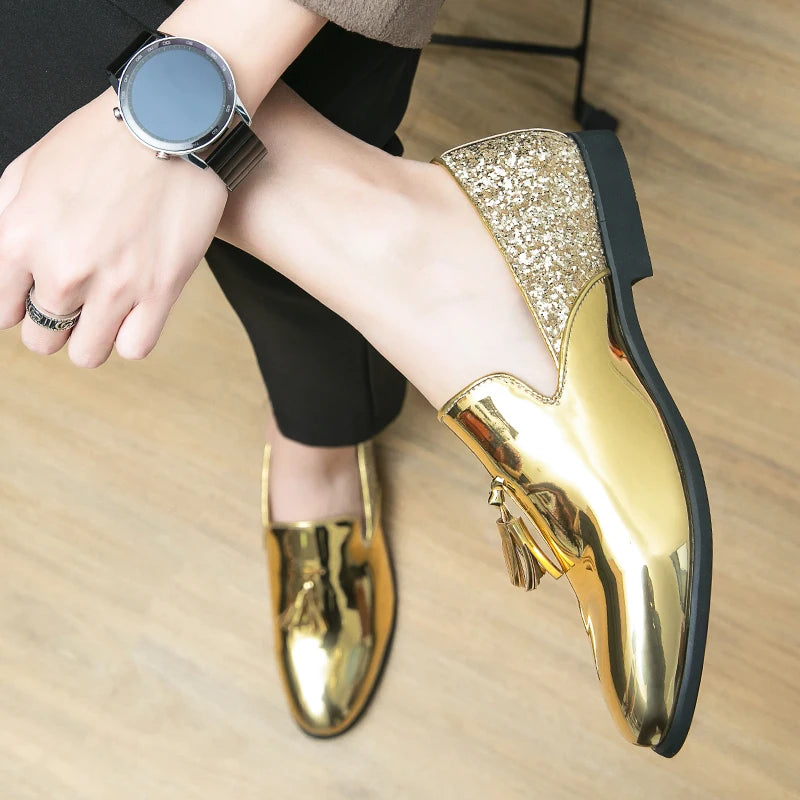 High quality luxury gold men's loafers thick sole fashion leather nightclub shoes formal business shoes plus size