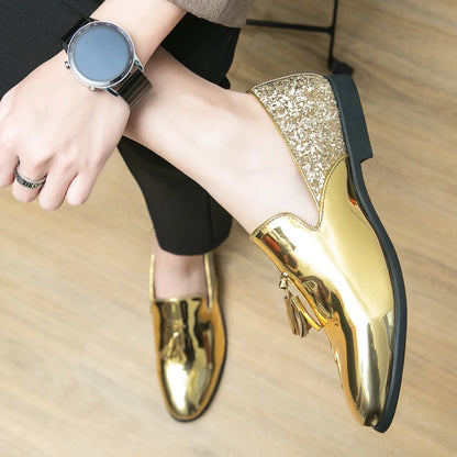 High quality luxury gold men's loafers thick sole fashion leather nightclub shoes formal business shoes plus size