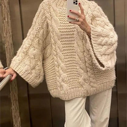 Women Loose Big Chunky Twist Knitted Sweater Casual Crochet Round Neck Pullover Solid Color New Knitwear