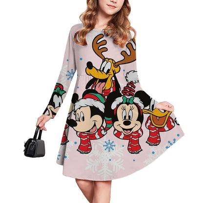Casual Christmas Kids Clothes Autumn Fashion Disney Mickey Mouse Cartoon Printed Dress Girls Long Sleeve Pleated Skirt