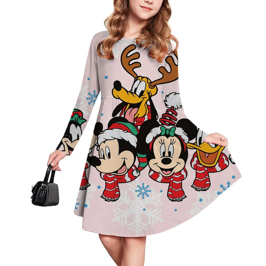 Casual Christmas Kids Clothes Autumn Fashion Disney Mickey Mouse Cartoon Printed Dress Girls Long Sleeve Pleated Skirt