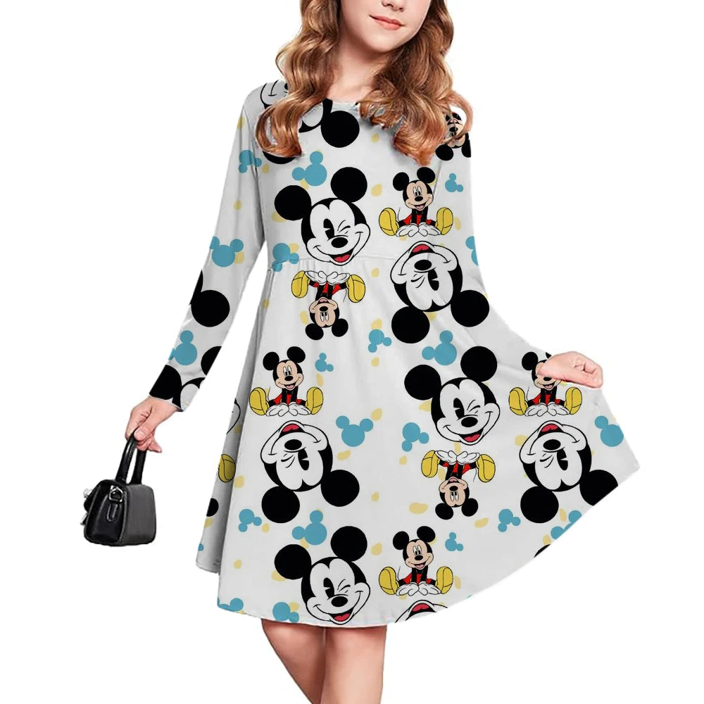 New Spring and Autumn Children's Clothing, Disney Mickey Mouse 3D Print Short Sleeve Romantic Dress for Girls 3-14 Years Old