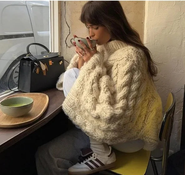 Women Loose Big Chunky Twist Knitted Sweater Casual Crochet Round Neck Pullover Solid Color New Knitwear
