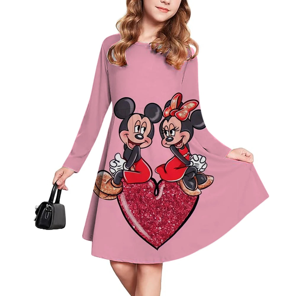 New Spring and Autumn Children's Clothing, Disney Mickey Mouse 3D Print Short Sleeve Romantic Dress for Girls 3-14 Years Old