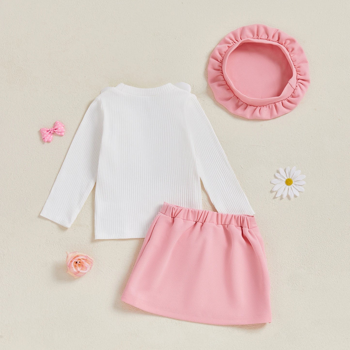 Baby Girls Autumn Long Sleeve 3D Floral Decor Skirt and Beret Set, 6 Months to 4 Years