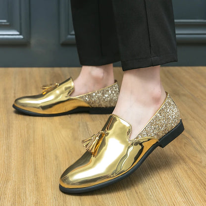 High quality luxury gold men's loafers thick sole fashion leather nightclub shoes formal business shoes plus size