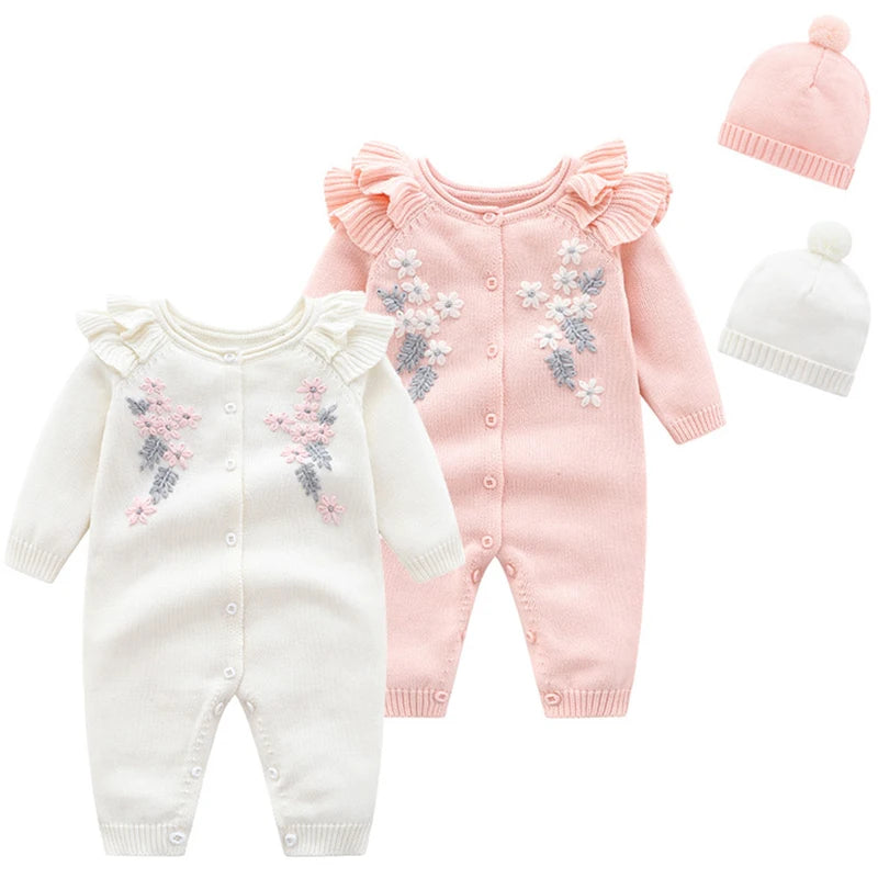 New Baby Girls Knit Romper with Hat Floral Embroidery Long Sleeve Autumn Baby Girls Knit Jumpsuit