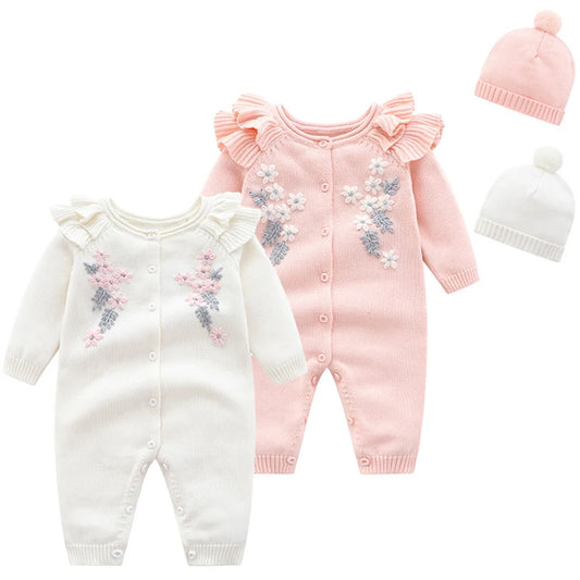 New Baby Girls Knit Romper with Hat Floral Embroidery Long Sleeve Autumn Baby Girls Knit Jumpsuit