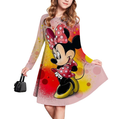 New Spring and Autumn Children's Clothing, Disney Mickey Mouse 3D Print Short Sleeve Romantic Dress for Girls 3-14 Years Old