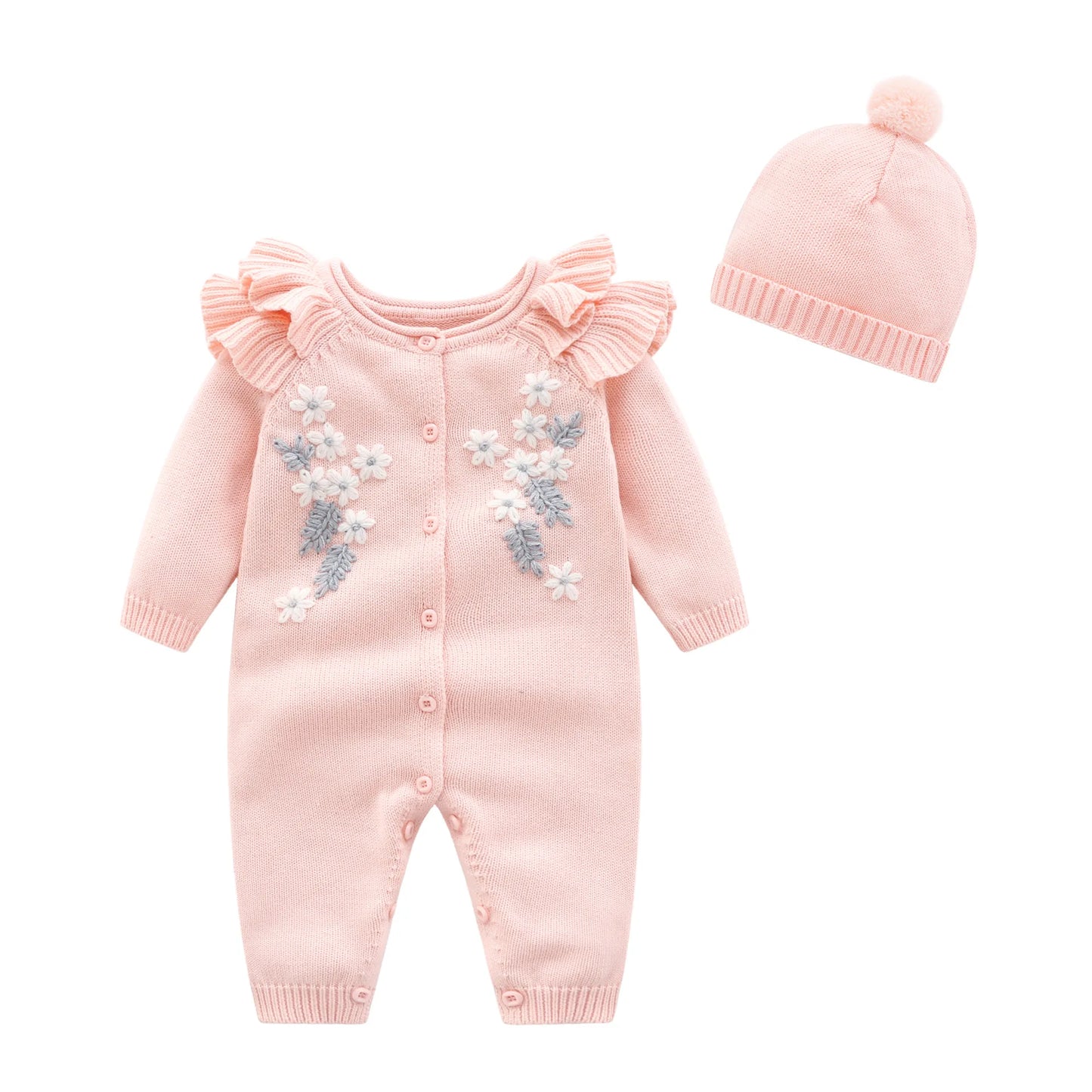 New Baby Girls Knit Romper with Hat Floral Embroidery Long Sleeve Autumn Baby Girls Knit Jumpsuit
