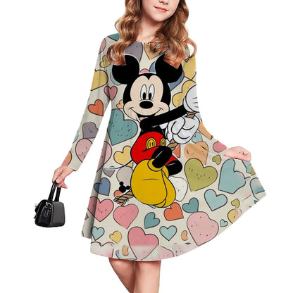 New Spring and Autumn Children's Clothing, Disney Mickey Mouse 3D Print Short Sleeve Romantic Dress for Girls 3-14 Years Old