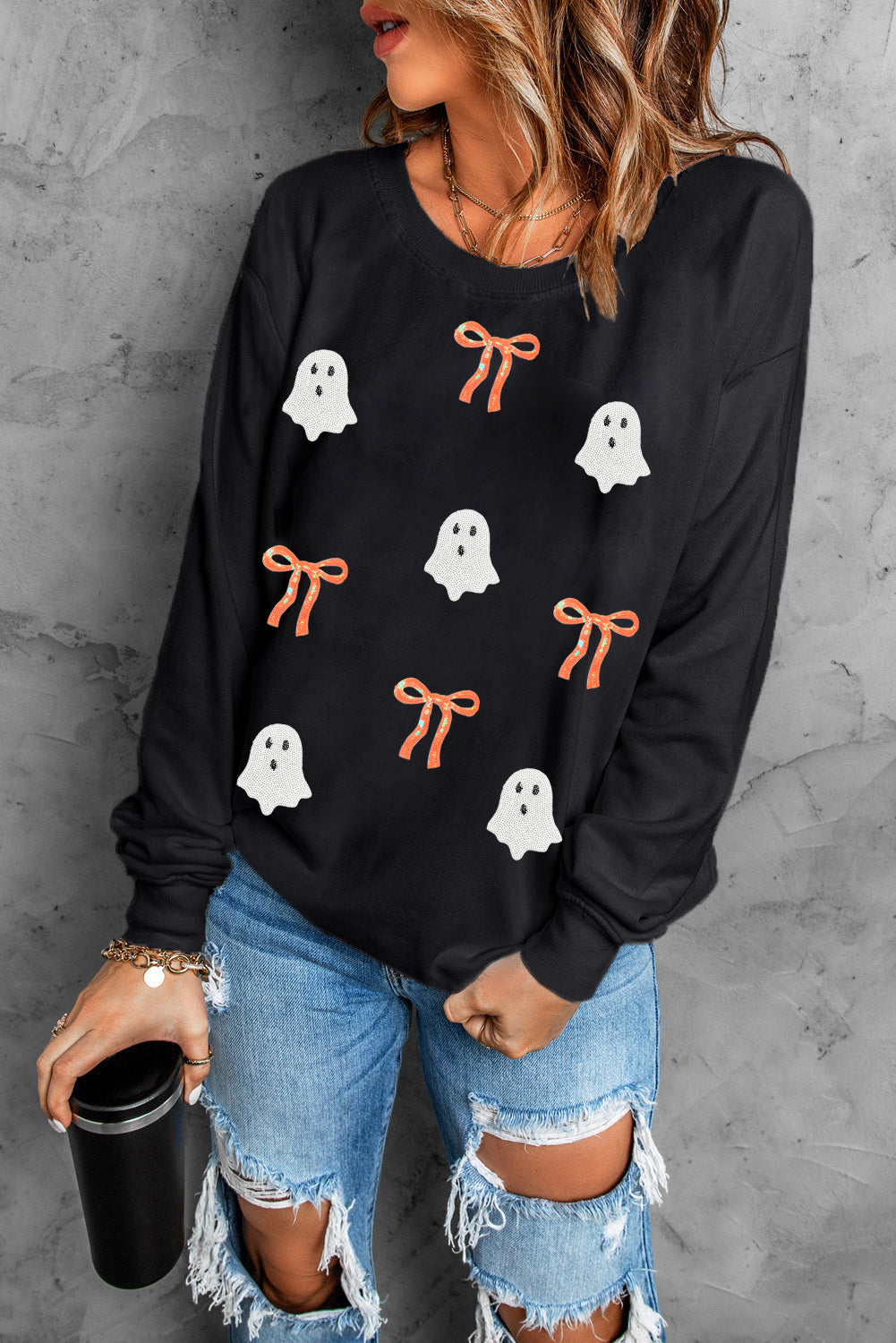 Black Halloween sequin off-the-shoulder sweatshirt