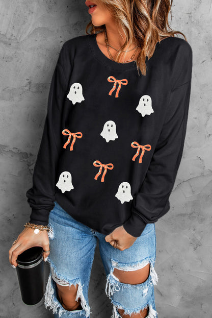 Black Halloween sequin off-the-shoulder sweatshirt
