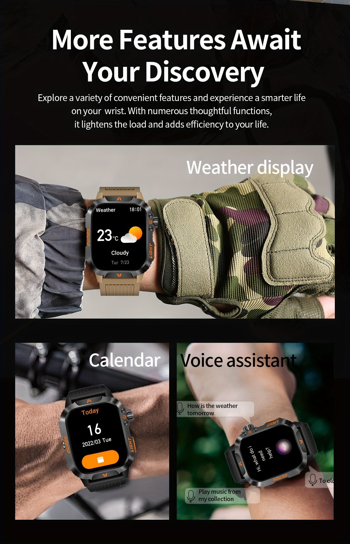 New Smart Watch (Answer/Call) Outdoor Sports Watch LED Altimeter Barometer 100+ Sports Modes 600mAh Battery Multimedia Message View Weather Fitness Tracker for Android Phone