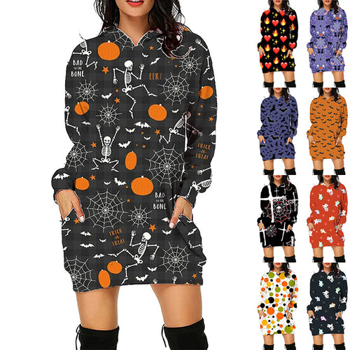 Halloween Printed Long Sleeve Hoodie with Pockets, Women's Long Sleeve Outfit
