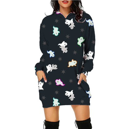 Halloween Printed Long Sleeve Hoodie with Pockets, Women's Long Sleeve Outfit