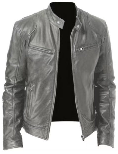 Men's faux leather jacket with zipper and decorated pockets