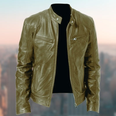 Men's faux leather jacket with zipper and decorated pockets