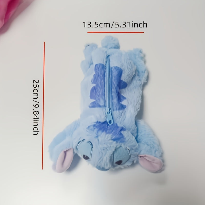 Cute Stitch Plush Pen Bag - Large Capacity Anime Stationery Organizer, Makeup Bag, Desk Holder, Soft Blue Stitch Design with Bow Tie, Perfect Gift for Office or Home, Pen Holder