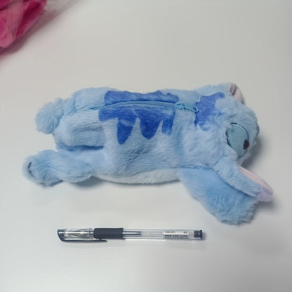 Cute Stitch Plush Pen Bag - Large Capacity Anime Stationery Organizer, Makeup Bag, Desk Holder, Soft Blue Stitch Design with Bow Tie, Perfect Gift for Office or Home, Pen Holder