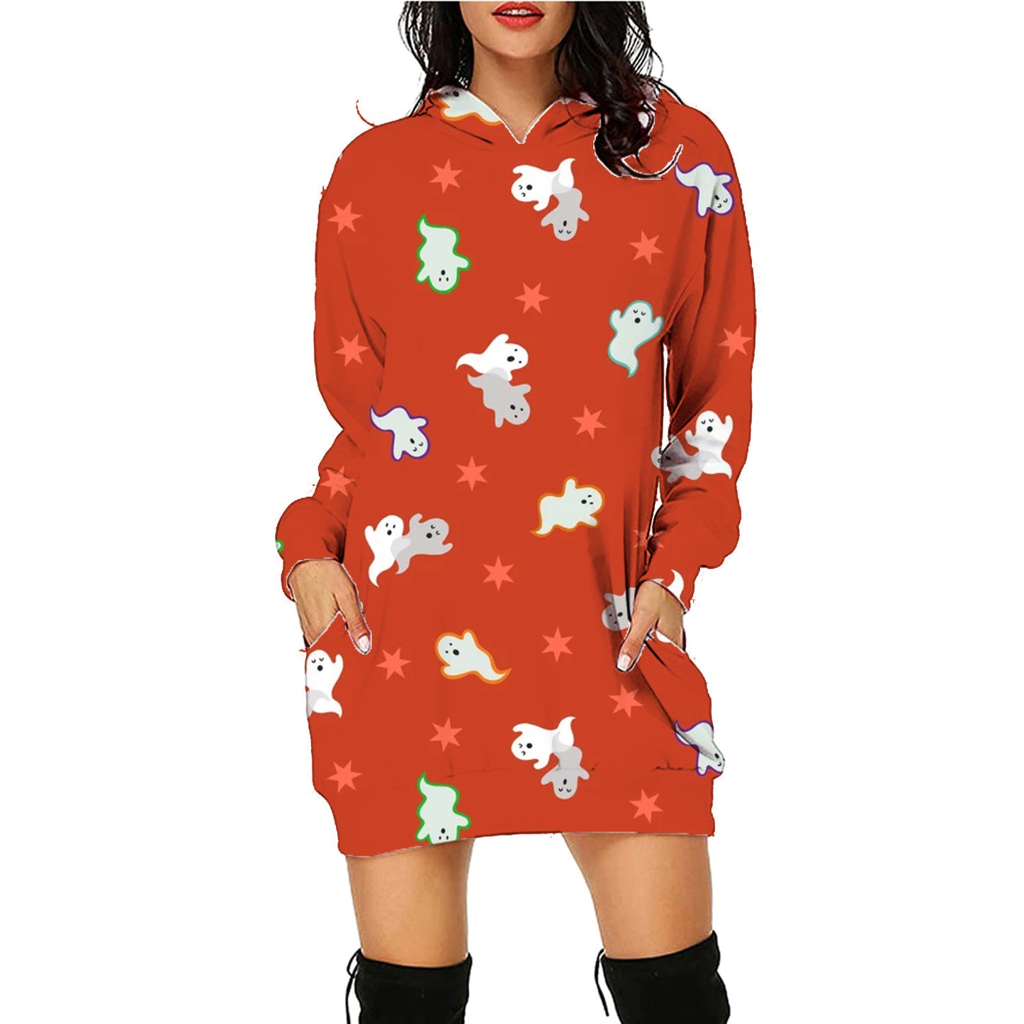 Halloween Printed Long Sleeve Hoodie with Pockets, Women's Long Sleeve Outfit