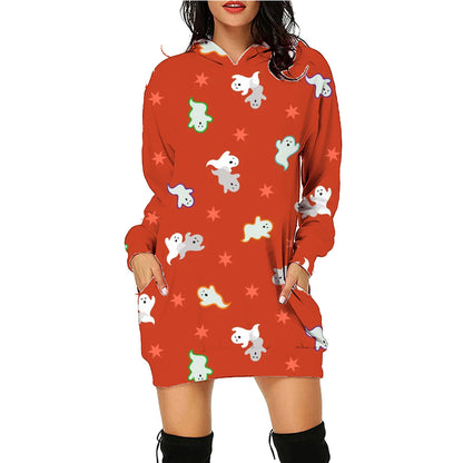 Halloween Printed Long Sleeve Hoodie with Pockets, Women's Long Sleeve Outfit